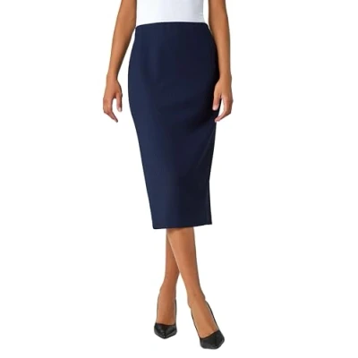 Image of Roman Originals Textured Pencil Skirt for Women UK Ladies Jersey Work Office Smart Formal Bodycon Under The Knee Length Calf Midi Tight Fitted Straight Shift Navy Size 18