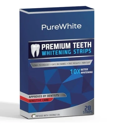 Image of PureWhite Premium Teeth Whitening Strips,14 Treatments, Non Sensitive, 28 Strips, Enamel Safe, Safe Whitener, Natural Formula