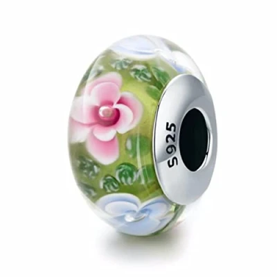 Image of YaShuo Jewellery Murano Glass Bead Sterling Silver Core Charms For Pandora Charm Bracelets (Green Pink Flower)