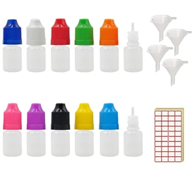 Image of XIAONAN 100 Pack x 5ml LDPE Plastic Liquid Water Squeezable Eye Dropper Empty Bottles (Bottles + Mixed Colour Caps Tips Funnel Label)