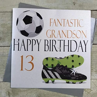 Image of White Cotton Cards Football Fantastic Grandson Happy 13&quot; Handmade 13th Birthday Card, XN13GS, 22cm x