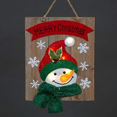 Image of SHATCHI LED Light Up Wooden Snowman Snowflakes Wall Hanging Battery Operated 30x36cm Merry Christmas Decoration, Wood,