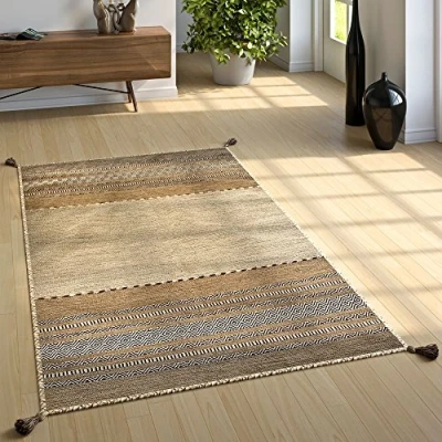 Image of Paco Home Living Room Natural Rug With Fringing, Hand Woven Pattern Kilim, 100% Cotton, Size:160x220 cm, Colour:Green