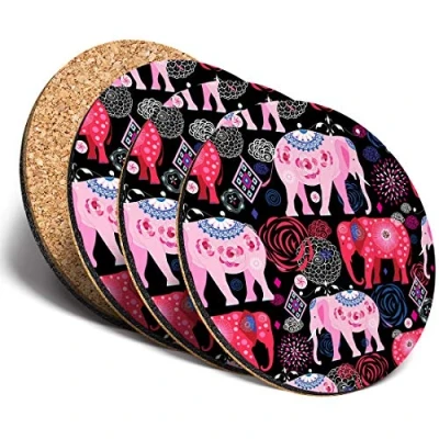 Image of Destination Vinyl ltd Great Coasters (Set of 4) Round Pink Indian Elephant Animals Drink Glossy Coasters/Tabletop Protection for Any Table Type #8405