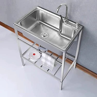 Image of Freestanding Stainless Steel Sink, Outdoor Wash Basin with Hot and Cold Faucet Commercial Single Bowl Sink for Garage Workshop Laundry Room Camping
