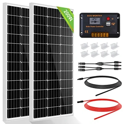 Image of ECO WORTHY 200 Watt (2pcs 100 Watt) Monocrystalline Solar Panel Complete Off Grid RV Boat Kit with LCD Charge Controller + Cable Mounting Brackets