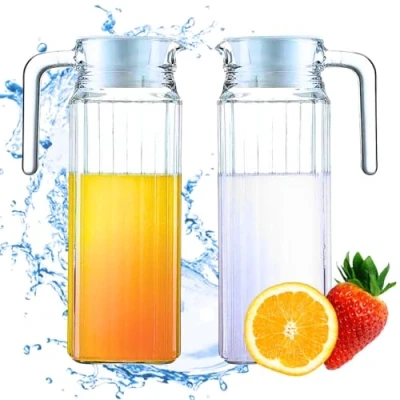 Image of Glass Water Jugs with Lid, 2Pcs Jug for Fridge, 1.1L Fridge Lid and Spill Free Spout, Transparent Pitcher Hot/Cold Juice Milk Tea Coffee (2 Pcs 1.1L)