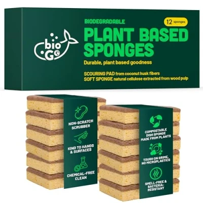 Image of bioGo 12 Pack Biodegradable Kitchen Sponges Eco Friendly, Compostable, Natural Cellulose Dish Washing Up Reusable Sponge