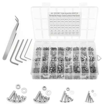 Image of Belle Vous 950 Piece Countersunk Screw with Hex Socket Set Stainless Steel Flat Head M2, M3, M4 and M5 Assortment Kit Storage Box Bolt, Nut Washer for DIY Machine Repairs