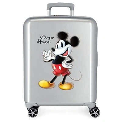Image of Disney 100 Mickey Joyful Cabin Suitcase Grey 40 x 55 20 cm Hard ABS Built in TSA Closure 38.4L 2kg 4 Double Wheels Hand Luggage, Grey, One Size,