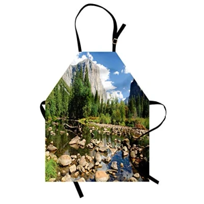 Image of ABAKUHAUS Yosemite Apron, Fluffy Clouds Forest Stones River National Park California USA Waterscape, Unisex Kitchen Bib Apron with Adjustable Neck for Cooking Baking Gardening, Green Blue