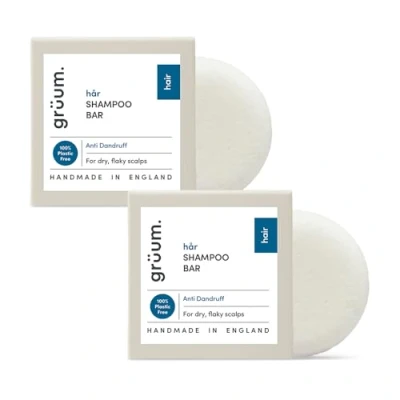 Image of grüum Twin Pack Anti Dandruff Shampoo Bar 50g Solid Bars for Hair Up to 60 Washes Plastic Free Vegan Men &amp; Women Paraben Rich Lathering Dry, Flaky Sensitive Scalp