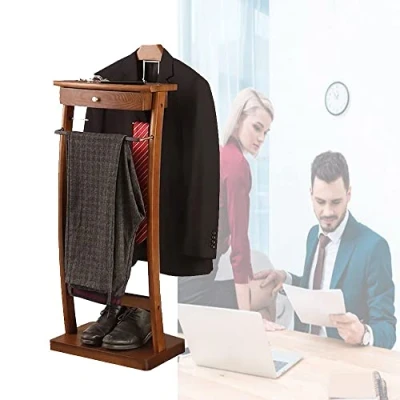 Image of GOUOLSO Clothes Valet Stand for Men and women, Freestanding Floor Standing Suit Hanger Rack with Front Trouser Non slip Rubber Sleeve, Crease Free Coat Storage Wooden