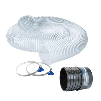 Image of POWERTEC 70414 4&quot; x 10&#039; 2 Key Quick Connect Left Hand Threaded Coupler Thin Wall PVC Sewer Pipe to Dust Collection, 1 Set, Clear, x10&#039; Hose &amp; Clamps Adapter
