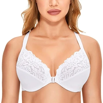 Image of Delimira Women&#039;s Front Fastening Bra Racer Back Lace Plus Size Non Padded Underwired White 48E