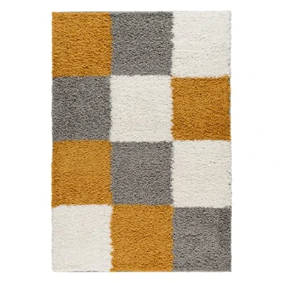 Image of Mynes Home Shaggy Rug High Pile Gold Grey White 30 mm Long Checked Living Room 160 x 220 cm