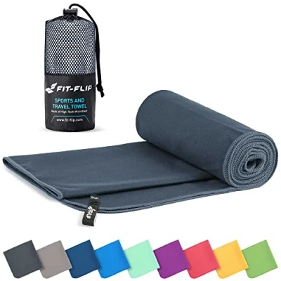 Image of Fit Flip Microfibre towel compact, ultra lightweight &amp; quick dry the perfect gym, travel beach swimming for sports, camping hiking (60x120cm dark grey + bag)