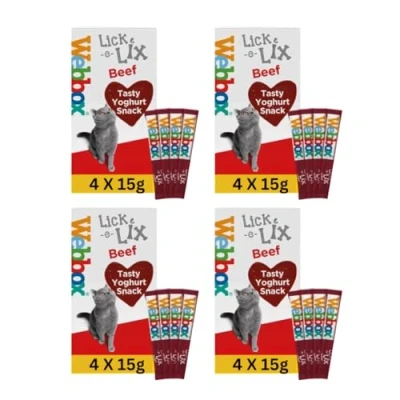 Image of WEBBOX Lick e Lix Beef Yoghurt Cat Treats, 15g Sachets, Pack of 16