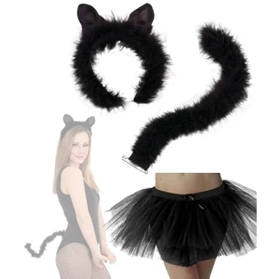 Image of Mega_JumbleSale® Womens Black Cat Suit Costume Halloween Sexy Catwomen Fancy Dress Ears Headband, Tail &amp; Tutu Skirt