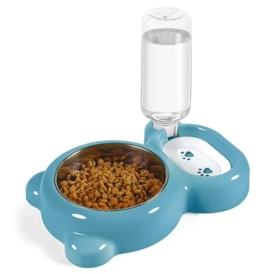 Image of Dog Bowls, Cat Food and Water Bowl Set with Dispenser Stainless Steel for Cats Small Dogs Blue