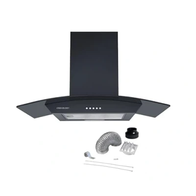 Image of Cookology CGL700BK/A Energy A Rated 70cm Smoked Curved Glass Chimney Cooker Hood &amp; Ducting Kit Black