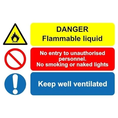 Image of Danger flammable liquid no entry smoking or naked flames keep well ventilated safety sign Self adhesive sticker (400mm x 300mm)