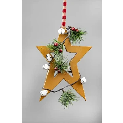 Image of 26cm Light Brown Wooden Star Wall Hanging Ornament Decorated with White Bells Berries and Pines Christmas Holiday Home Decorations