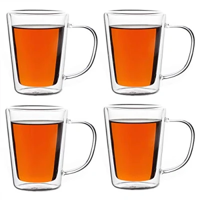 Image of MONZANA® 4 Piece Thermal Tea Glass Set Insulated Double Walled Coffee Cups with Handles Hot and Cold Drinks Dishwasher Safe Transparent Design 250 ml