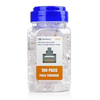 Image of Cable Matters 100 Pack Cat 6 Pass Through RJ45 Connectors (RJ45 / Cat6 Connector Cat6/Ethernet Connectors) for Solid or Stranded UTP Ethernet