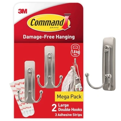 Image of Command Decorative Hook, Brushed Nickel, Indoor use 2 Large Metal Hooks and 3 Adhesive Strips Hang Jackets, Purses, Handbags, Backpacks, Hats, Scarves, Dog leads Organise Damage Free