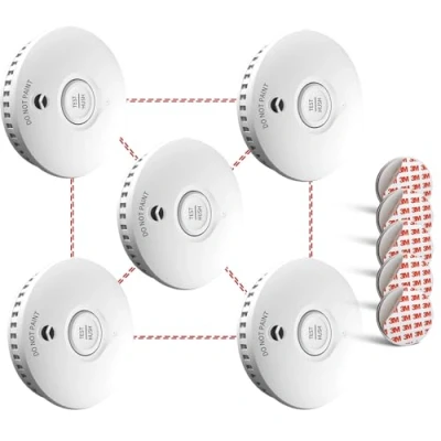 Image of Ruan wireless Interconnected Smoke Alarm 10 Years Life Photoelectric Detector Fire Tested Conforms to EN 14604 Standard 5 Pack