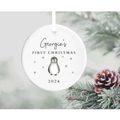 Image of Personalised Baby First 1st Christmas Penguin Gift Ornament Bauble Tree Decoration