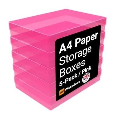 Image of WestonBoxes A4 Colourful Transparent Plastic Craft Storage Boxes with Lids for Art Supplies, Paper and Card (Pink/Pack of 5)