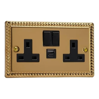 Image of Varilight Classic Georgian Brass 2 Gang 13A Single Pole Switched Socket with 1x USB A &amp; C Charging Ports Black Inserts