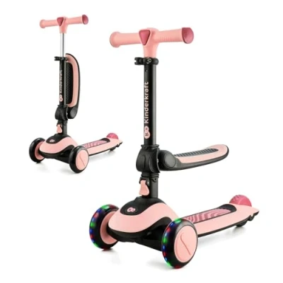 Image of Kinderkraft Halley 2 in 1 Scooter for Kids 1+ Year Old to 50 kg, 3 Wheel Scooter, Balance Bike, Easy Folding, Front Flashing Wheels, Adjustable Handlebar, Handle Weighs only Pink