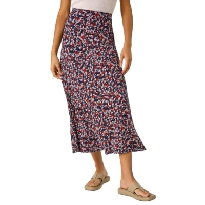 Image of Roman Originals Jersey Skirt for Women UK Ladies Midi Maxi Ditsy Floral Summer Spring Holiday Swing Shape Vacation Smart Casual Work Cocktail Party Going Out Navy Red Size 16