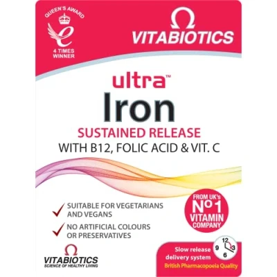Image of Iron Tablets Supplement, Boosts Energy, Vitality, Power and Immunity Supports against Anemia, Tiredness Fatigue with added Vitamin C B12 Folic Acid (Vitamin B9), Vitabiotics Ultra
