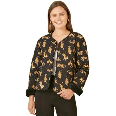 Image of Yumi Black Velvet Quilted Jacket With Reversible Leopard Lining 12