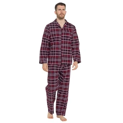 Image of Lora Dora Strong Souls Mens Traditional Pyjamas Wine Navy Check X Large