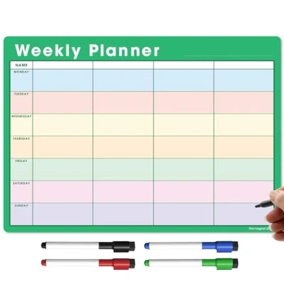 Image of TMS A3 Magnetic Weekly Planner and Organiser Fully Customisable Whiteboard for Family or Business Tasks Meal Planning with 4 Free Dry Wipe Pen (Green Multi Coloured, A3)