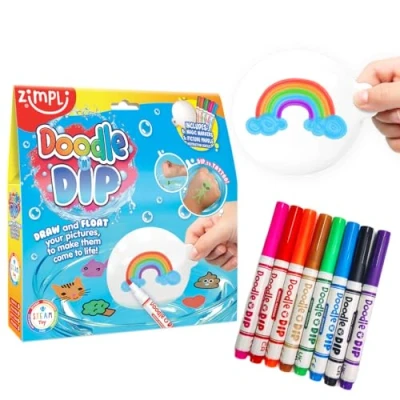 Image of Doodle N Dip from Zimpli Kids, Draw and Float Your Pictures Add Them as Temporary Tattoos, 8 x Magic Markers &amp; Picture Paddle, Magical Water Colouring Painting Pens, Creative Toy for Children