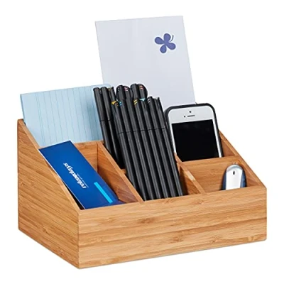 Image of Relaxdays Desk Organiser, 6 Compartments for Pens, Notes, Letters, Paperclips and More, Bamboo Stand, Natural