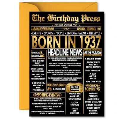 Image of Gold 88th Birthday Card for Men Women Black &amp; Golden Newspaper Born in 1937 Happy 88 Cards Grandma Husband Dad Nan Grandad Wife, 5x7 Inch Bday Greeting