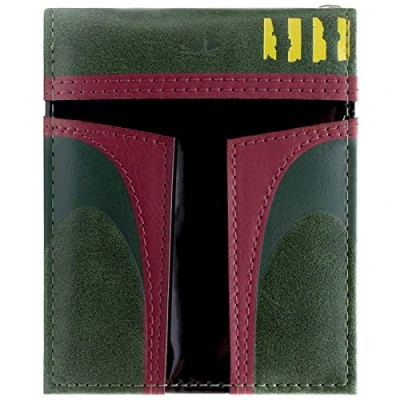 Image of The Empire Strikes Back Star Wars Mandalorian Boba Fett Bounty Hunter Helmet Green ID and Card Bi Fold Wallet, One Size