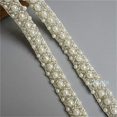 Image of 1 Meter Pearl Beaded Trim Bridal Lace Ribbon Trimming Edge Tape for Craft Sewing Wedding Dress Fabric DIY Decoration (Ivory 1.5cm)