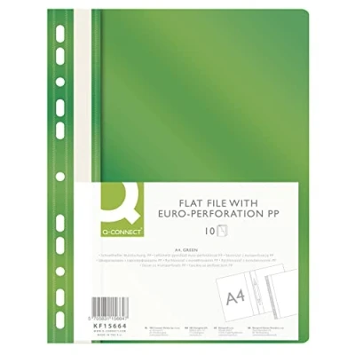 Image of Q CONNECT KF15664 Plastic File Folder A4 Green/Pack of 10 / Folders/Perforated Staplers with Labelling Strips/with Transparent Cover/with Perforated Holes/Euro Holes