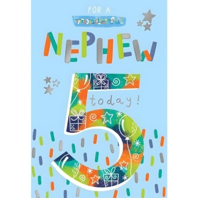 Image of Nephew 5th Birthday Card Age 5 Wonderful Modern Balloon and Stars Design Special Finishes Illustrated Insert Leaf Made in the UK Eco Friendly