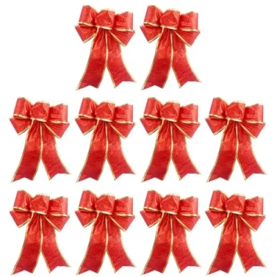 Image of 10pcs Christmas Bows Burlap Bows, Xmas Tree Bowknots Decoration Supplies Hemp Color Retro Ribbon Bow knot Pendant Ornaments(Red)