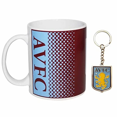 Image of Aston Villa Official Football Crest Ceramic Mug &amp; Keyring Gift Set, Coffee Mug, Keyring, Set
