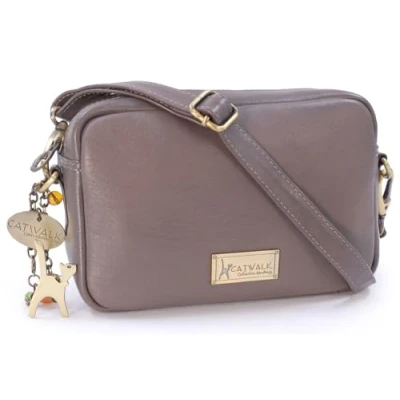 Image of Catwalk Collection Handbags Ladies Small Leather Cross Body Bag Women&#039;s Messenger Camera Adjustable Strap POLLY Grey